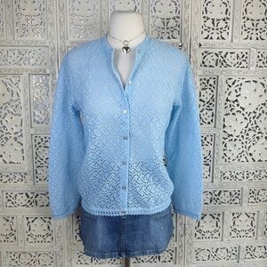 Vintage Light Baby Blue Open Knit Sheer Button Up Grannycore Cardigan Sz M